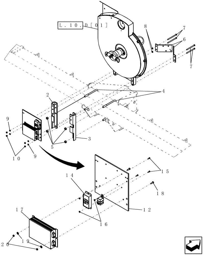 Схема запчастей Case IH 1200 - (L.10.D[05]) - FAN AND ELECTRONIC ASSEMBLY MOUNTING, 6 & 8 ROW RIGID TRAILING (MECH DRIVE) (FROM 11/2003) L - Field Processing