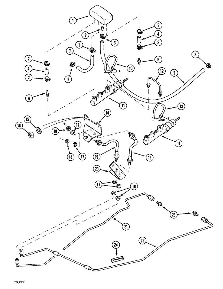 Схема запчастей Case IH 4240 - (7-08) - BRAKE RESERVOIR AND PIPES, TRACTOR WITH CAB (07) - BRAKES