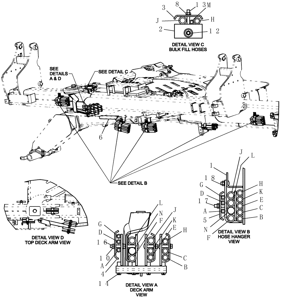 Схема запчастей Case IH 1200PT - (F.10.G[10]) - LAYOUT - TWO STAGE HOSE CARRIER HOSE ROUTING - BRACKETS F - Frame Positioning