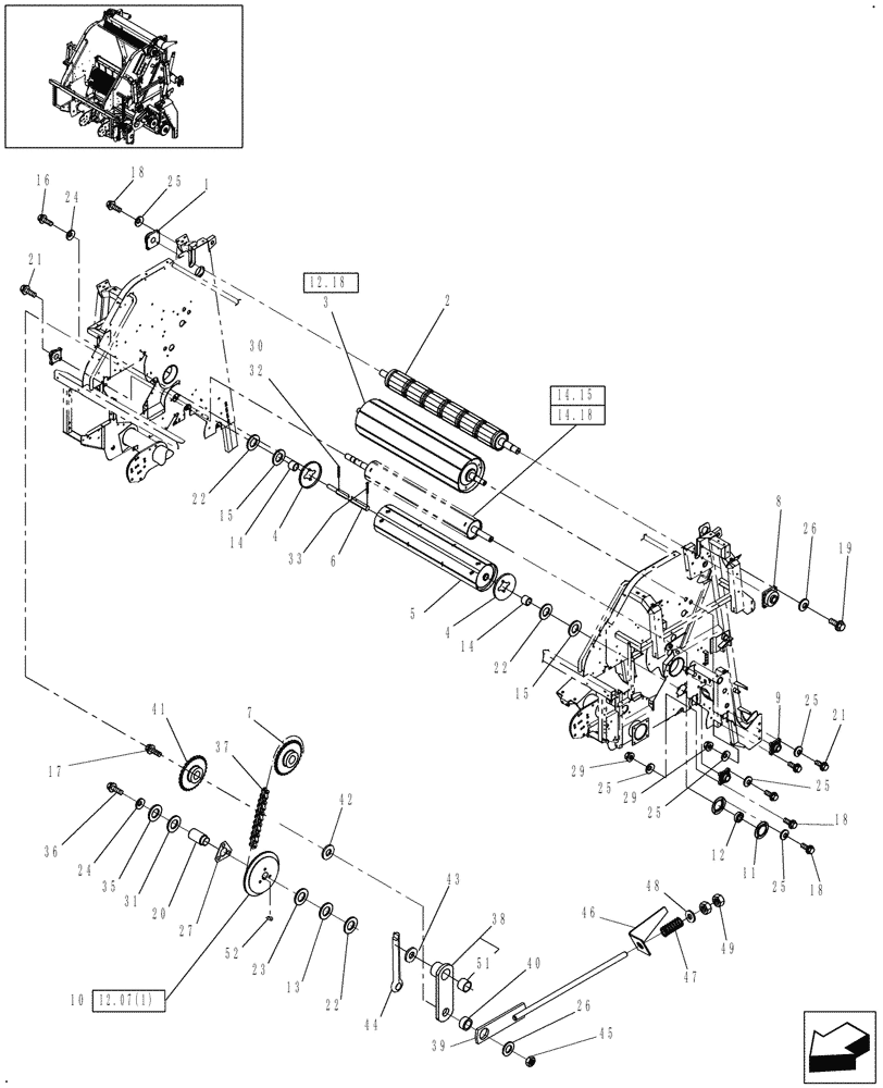 Схема запчастей Case IH RB454 - (14.52[(1)]) - MAIN FRAME, ROLLS & RH DRIVE, ROTOR (14) - BALE CHAMBER
