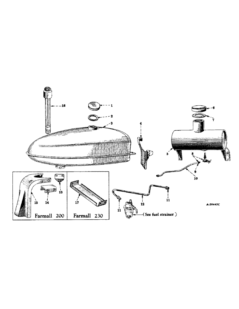 Схема запчастей Case IH 230 - (140) - CHASSIS, FUEL TANK, GASOLINE TANK, SUPPORTS AND PIPING, FARMALL 200 AND 230 TRACTORS (12) - CHASSIS