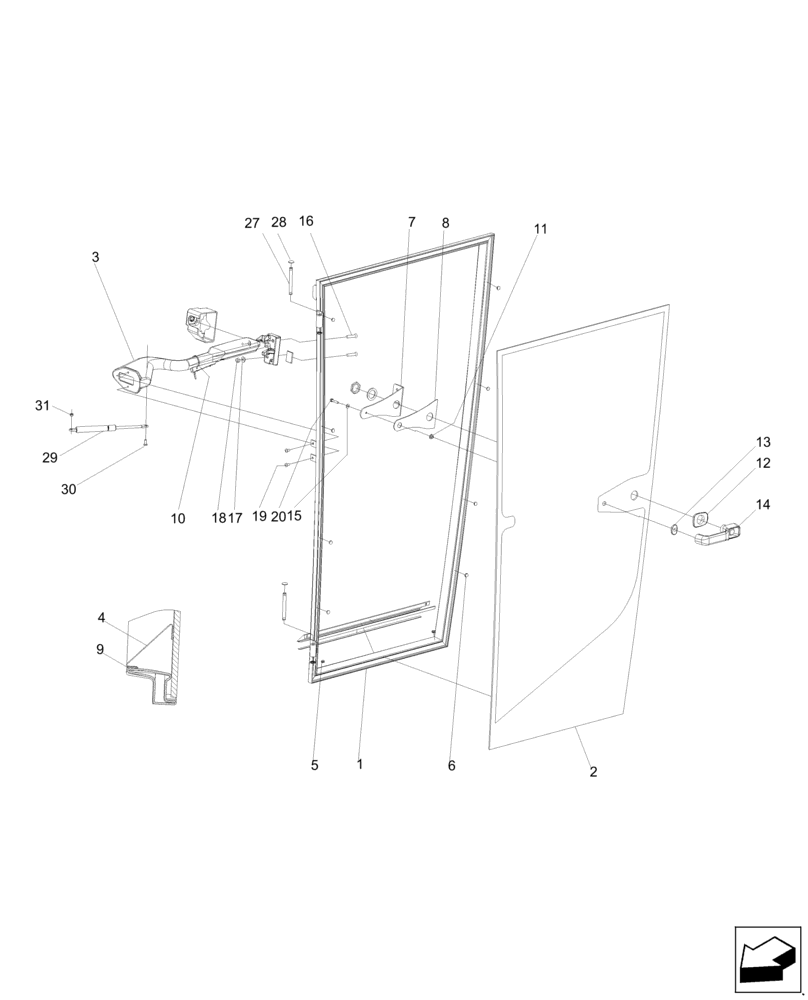 Схема запчастей Case IH A8000 - (90.154.AA[01]) - CAB LH DOOR (90) - PLATFORM, CAB, BODYWORK AND DECALS