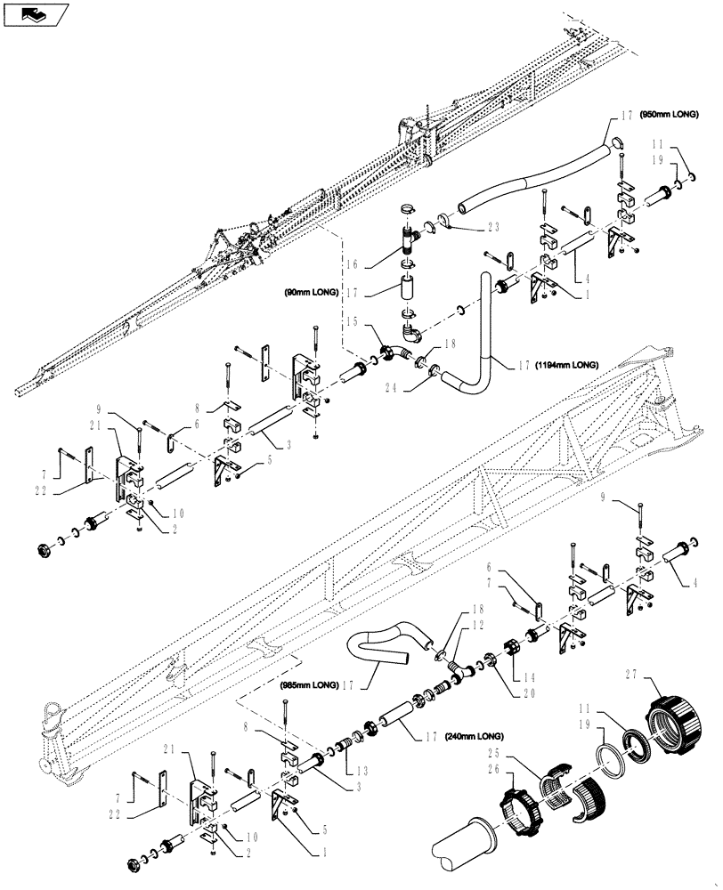 Схема запчастей Case IH 4430 - (40.910.58) - SPRAYBAR, MID AND OUTER SECTION, 20" NOZZLE SPACING, OFF CENTER, 7 SECTION, LO-FLOW, 120 BOOM (40 ) - PLUMBING