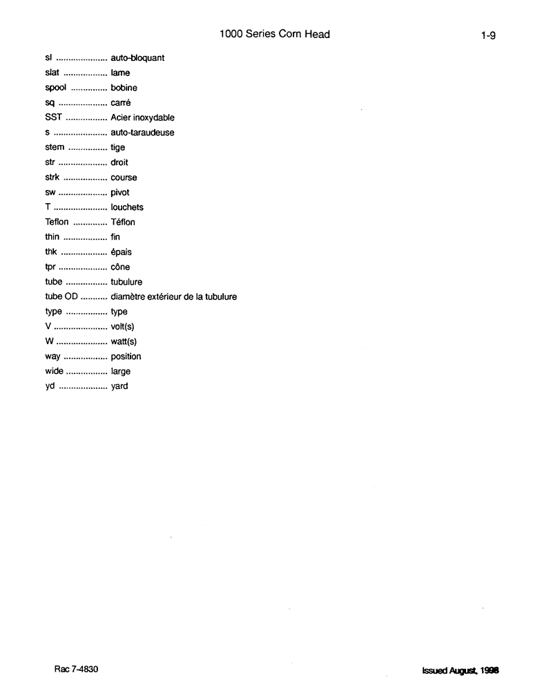 Схема запчастей Case IH 1084 - (01-09) - ABBREVIATIONS DE LA COLONNE DIMENSIONS (00) - PICTORIAL INDEX