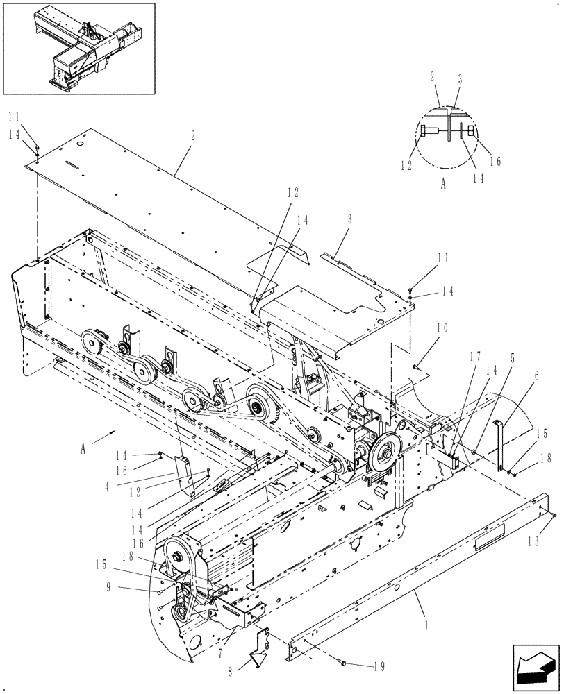 Схема запчастей Case IH SB551 - (90.105.10) - HOUSING, FEEDER TOP (90) - PLATFORM, CAB, BODYWORK AND DECALS