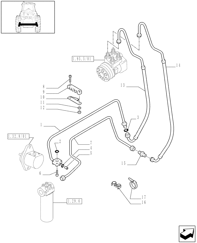 Схема запчастей Case IH MAXXUM 110 - (1.42.0/01[01A]) - POWER STEERING DELIVERY AND RETURN PIPES FOR 24X24 TRANSMISSION - D6533 - C6554 (04) - FRONT AXLE & STEERING