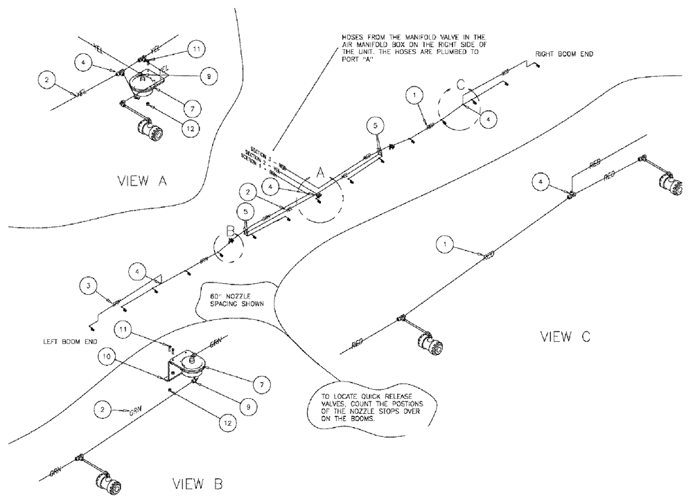Схема запчастей Case IH 610 - (03-031) - 3-SECTION 70 BOOM GROUP, PNEUMATIC COMPONENTS 60" SPACING (09) - BOOMS