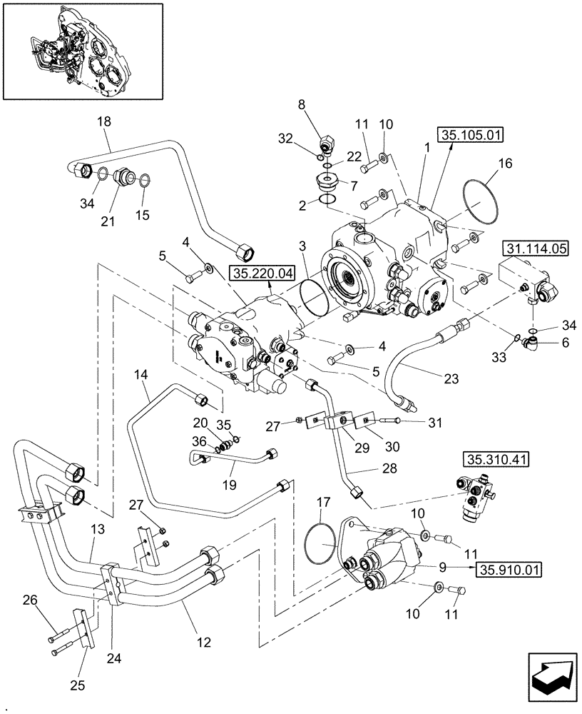Схема запчастей Case IH 9010 - (35.204.01[02]) - CVT FEEDER / HEADER DRIVE - PIN HAJ202001 & AFTER - 7010/8010 (35) - HYDRAULIC SYSTEMS