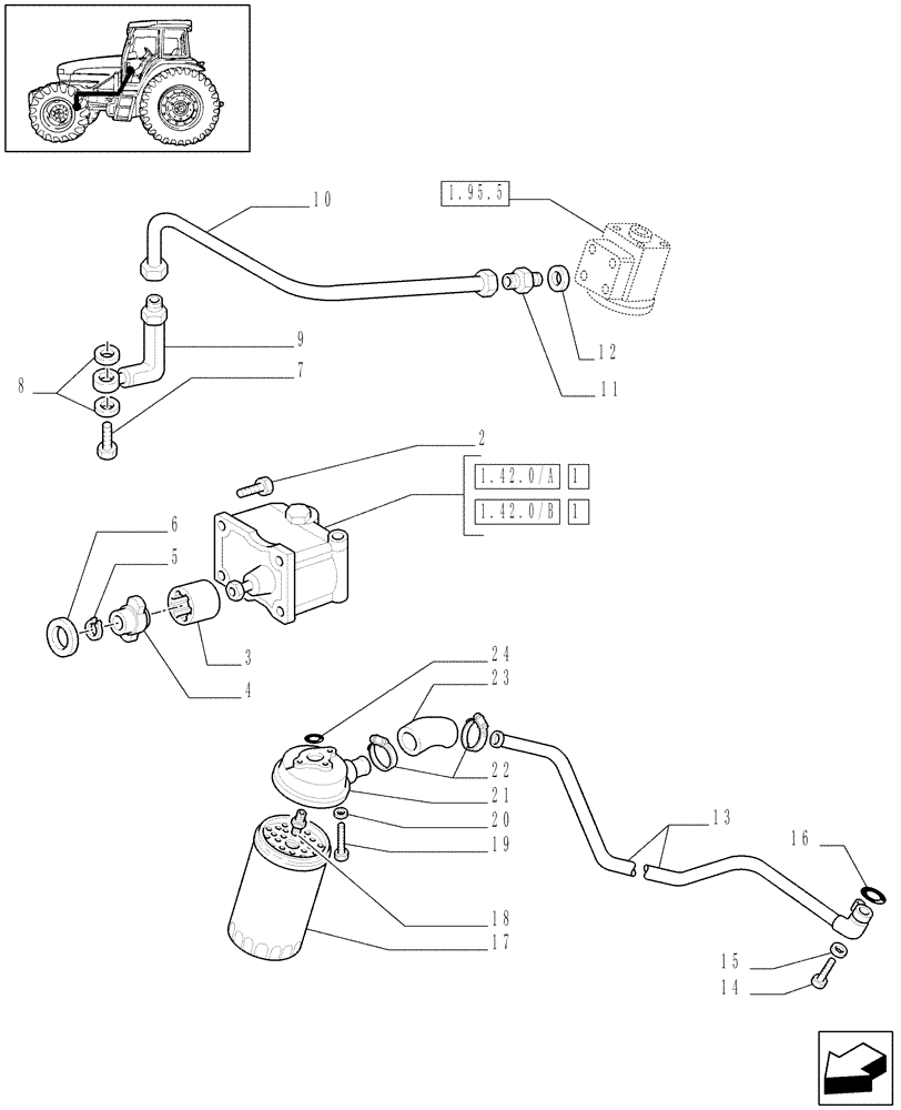 Схема запчастей Case IH JX80U - (1.42.0/01[01]) - FRONT AXLE - 4-WD - POWER STEERING HYDRAULIC CONTROL - PIPES & OIL FILTER (04) - FRONT AXLE & STEERING