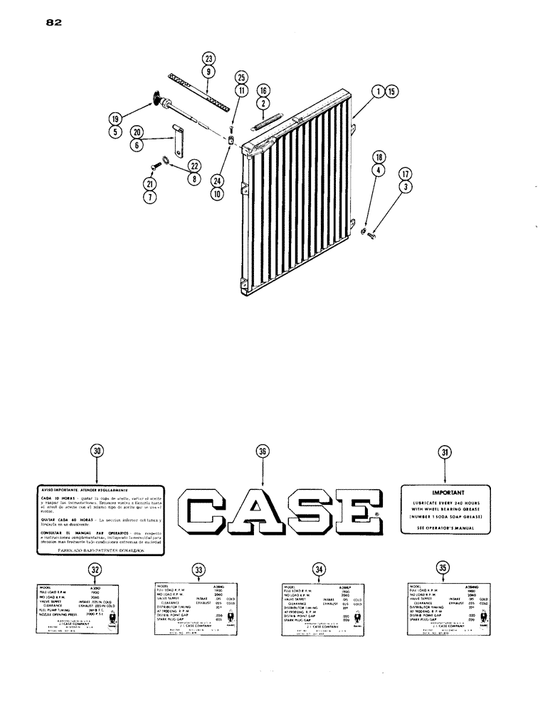 Схема запчастей Case IH A284 - (82) - RADIATOR SHUTTER, OPTIONAL, TYPE TWO POWER UNITS / TYPE THREE POWER UNITS / DECALS 