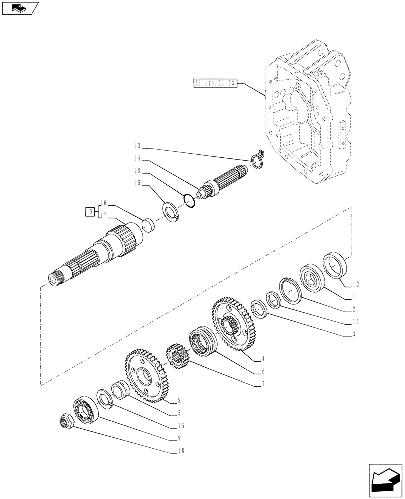 Схема запчастей Case IH PUMA 200 - (31.114.01[01]) - POWER TAKE-OFF 540E/1000 RPM - SHAFT AND GEARS (31) - IMPLEMENT POWER TAKE OFF