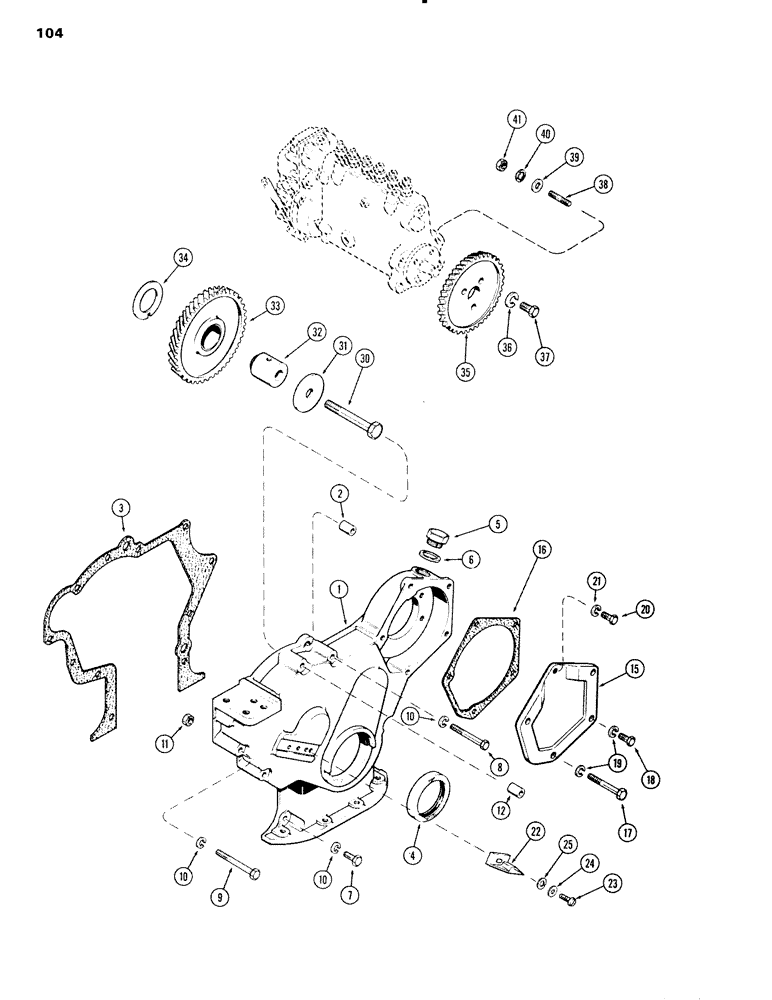 Схема запчастей Case IH 504BDT - (104) - TIMING GEAR COVER & FUEL INJECTION PUMP DRIVE, ENGINE L/FUEL DEVICE, 504BDT W/OIL COOLED PISTONS, C (02) - ENGINE