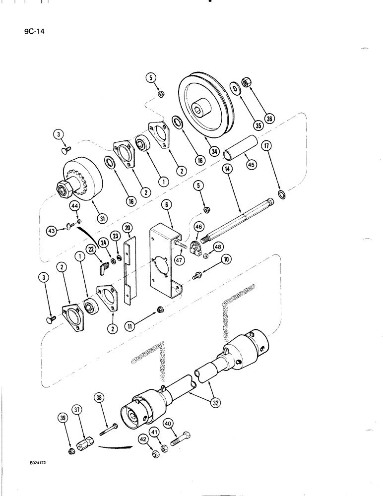 Схема запчастей Case IH 1020 - (9C-14) - AUGER AND KNIFE JACKSHAFT DRIVE, 15 AND 16-1/2 FOOT HEADER (58) - ATTACHMENTS/HEADERS