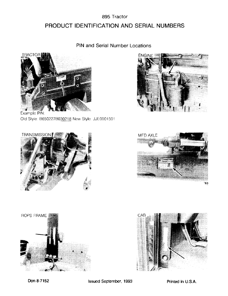Схема запчастей Case IH 895 - (1-02) - PRODUCT IDENTIFICATION AND SERIAL NUMBERS (00) - PICTORIAL INDEX
