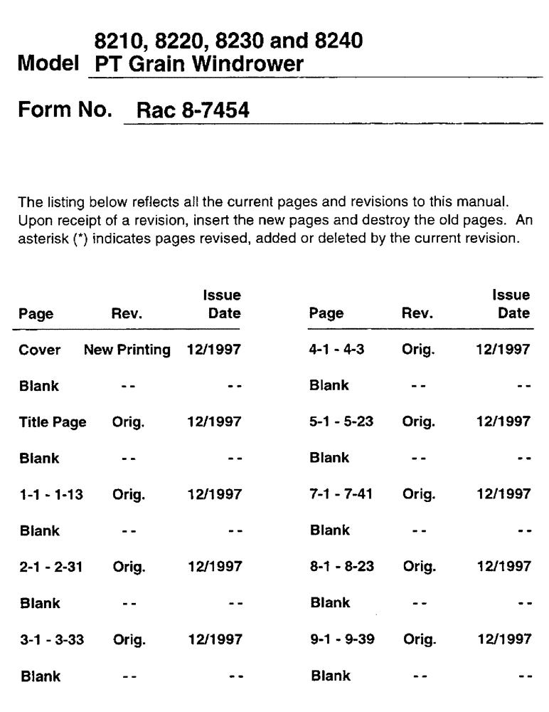 Схема запчастей Case IH 8230 - (1-03) - CURRENT PAGE LISTING (00) - GENERAL & PICTORIAL INDEX