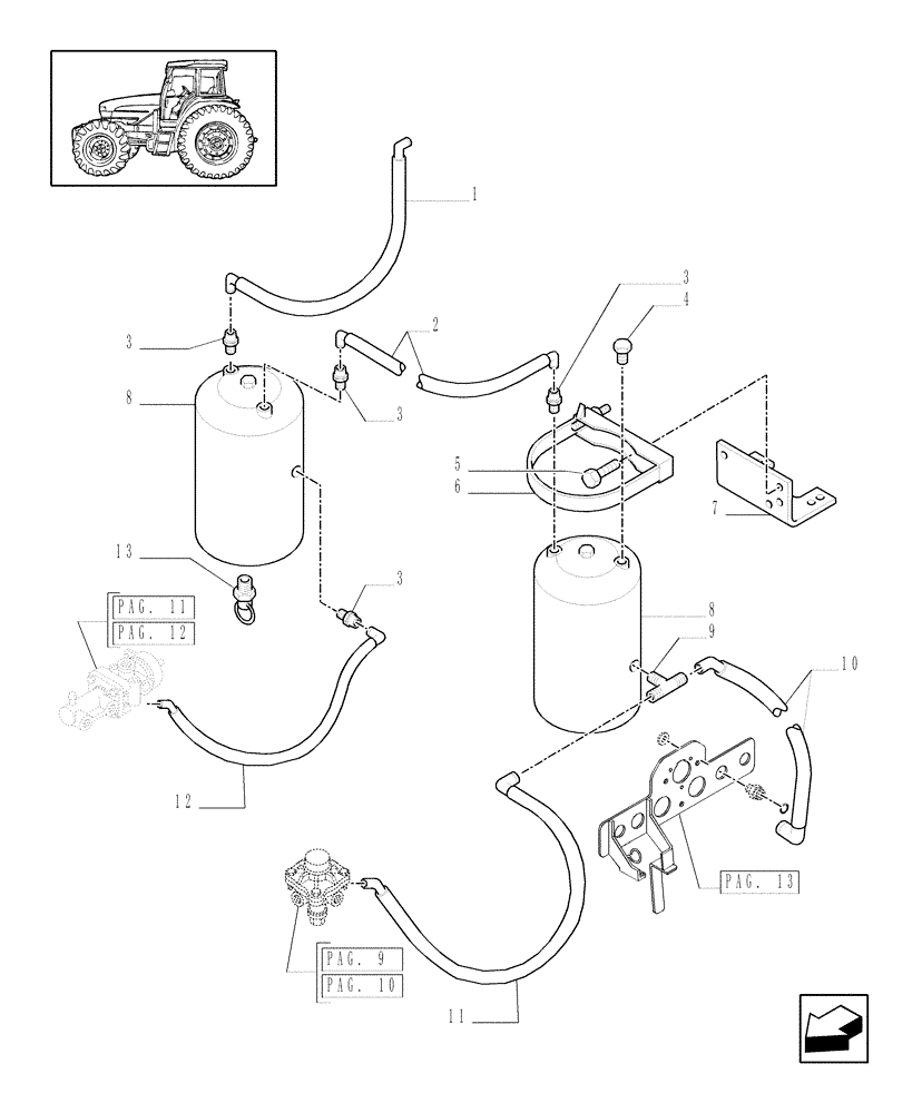 Схема запчастей Case IH MXM120 - (1.68.6/01[07]) - (VAR.385) TRAILER AIR BRAKE GERMANY - AIR TANK AND PIPES (05) - REAR AXLE