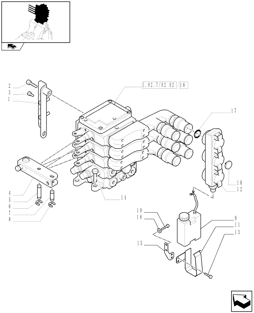 Схема запчастей Case IH PUMA 125 - (1.82.7/02[01A]) - 3 MECHANICAL REAR REMOTE CONTROL VALVES - DISTRIBUTOR, COVER AND OIL COLLECTOR - D6788 (VAR.333844) (07) - HYDRAULIC SYSTEM