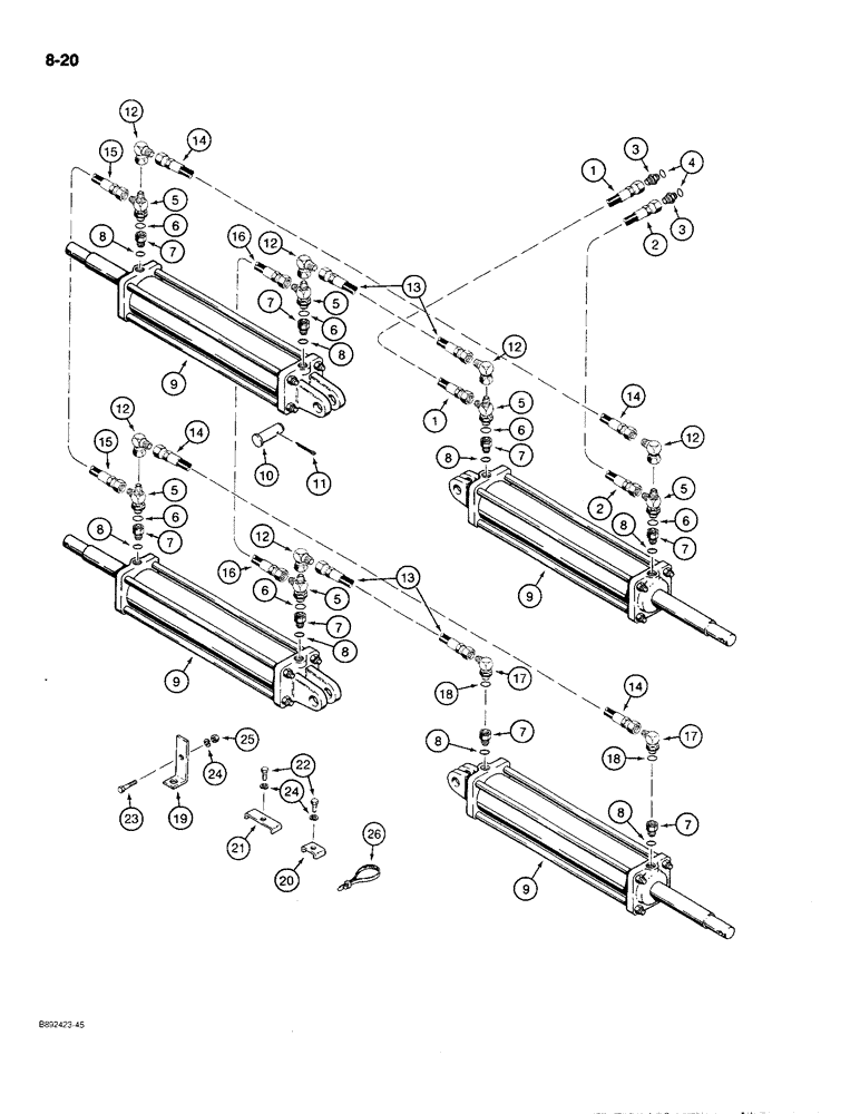 Схема запчастей Case IH 780 - (8-20) - WING LIFT HYDRAULIC CIRCUIT, 3/8" ID SUPPLY & RETURN HOSES W/ADAPTERS AT CYLINDER W/O DIVERTER HOSES (08) - HYDRAULICS
