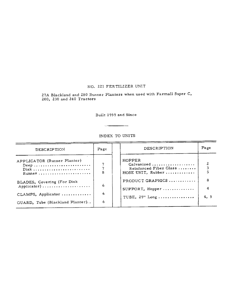 Схема запчастей Case IH 221 - (W-1) - NO. 221 FERTILIZER UNIT - INDEX TO UNITS 