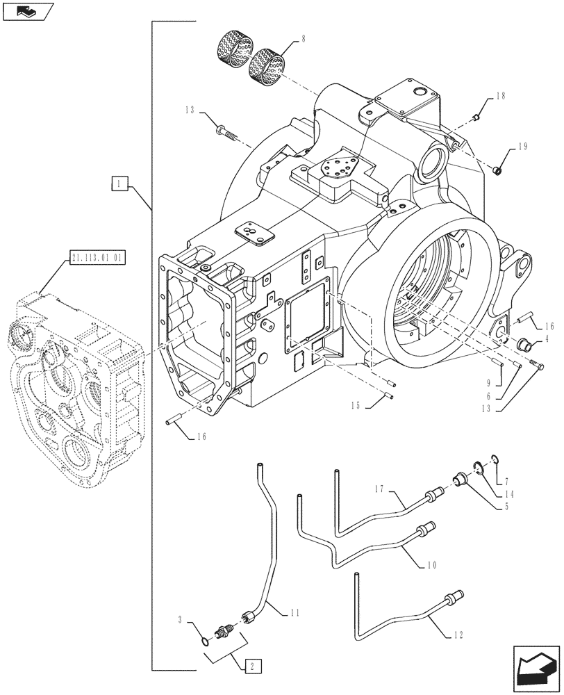 Схема запчастей Case IH MAGNUM 210 - (27.100.01[03]) - FINAL DRIVE HOUSING, PTO/BRAKE PLUMBING - POWERSHIFT TRANSMISSION (27) - REAR AXLE SYSTEM