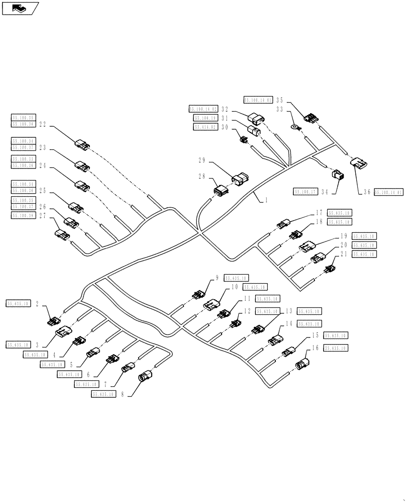 Схема запчастей Case IH 4430 - (55.100.32) - REAR AIM COMMAND HARNESS, CENTER SECTION, 90/100 BOOM (55) - ELECTRICAL SYSTEMS