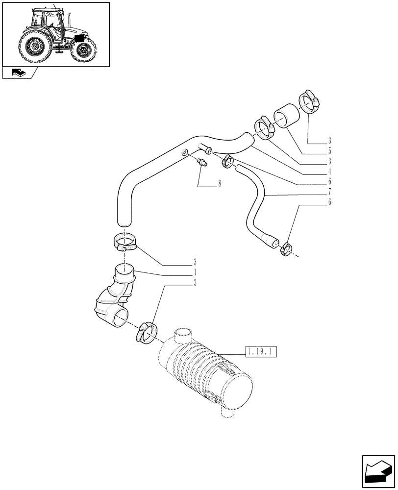 Схема запчастей Case IH FARMALL 90 - (1.19.7) - AIR CLEANER PIPING (02) - ENGINE EQUIPMENT