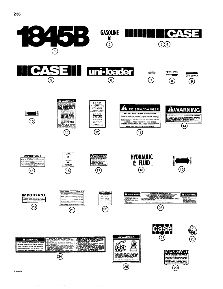 Схема запчастей Case IH 1845B - (236) - DECAL KIT - GASOLINE MODELS, USED ON MODELS WITH BLACK AND YELLOW COLOR SCHEME (09) - CHASSIS/ATTACHMENTS
