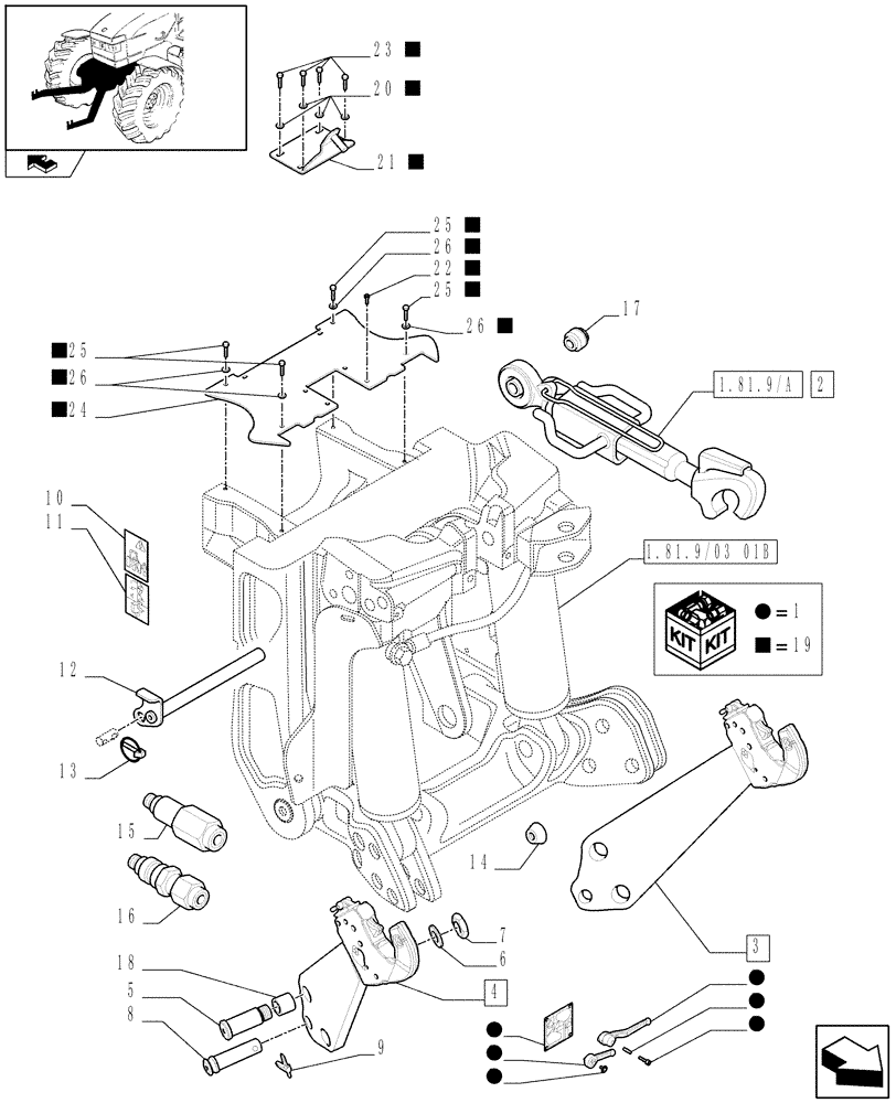 Схема запчастей Case IH PUMA 195 - (1.81.9/03[02A]) - (VAR.090) FRONT HPL FOR MID MOUNT REMOTES LESS PTO, WITH AUX. COUPLERS - LINK AND ARMS - D6726 (07) - HYDRAULIC SYSTEM
