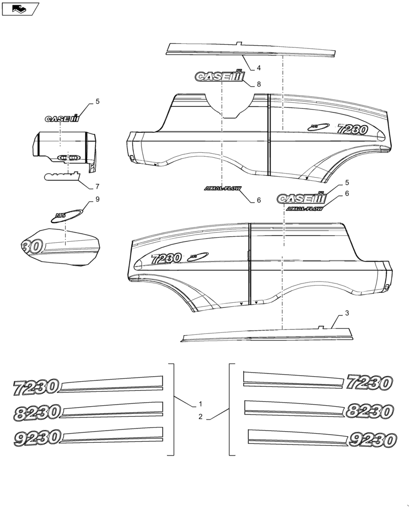 Схема запчастей Case IH 9230 - (90.108.01) - DECALS- MODEL AND BRAND (90) - PLATFORM, CAB, BODYWORK AND DECALS