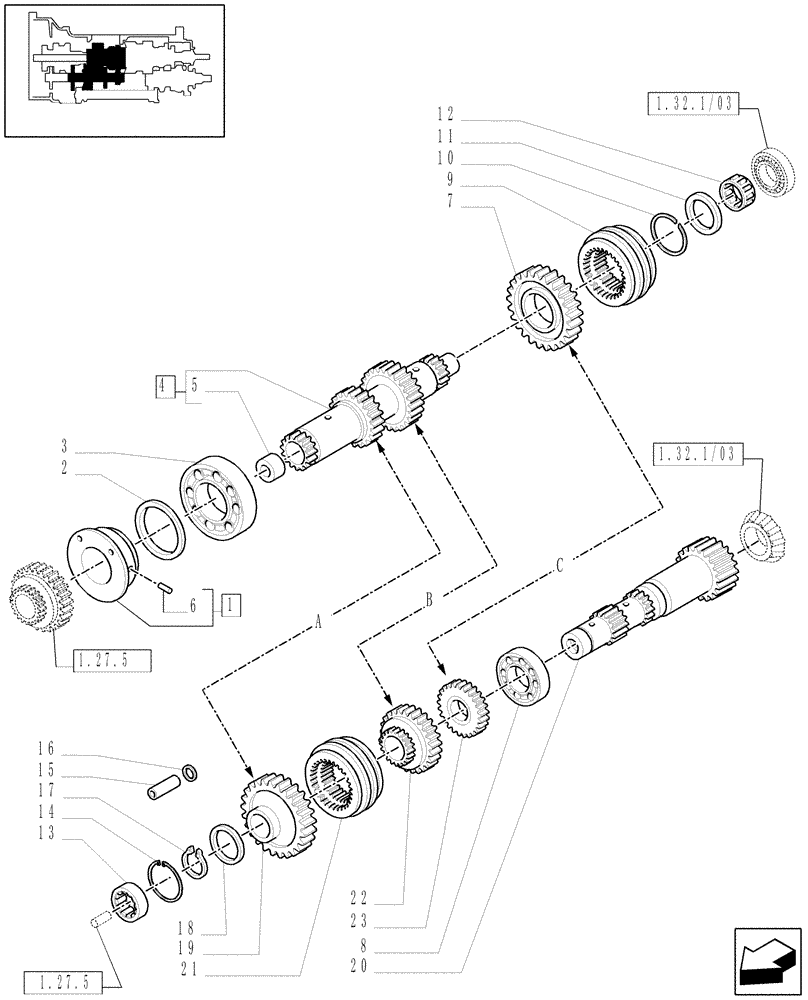 Схема запчастей Case IH MAXXUM 110 - (1.28.1/03) - TRANSMISSION 12X12 (30 KM/H) - GEARSHIFTS GEARS (VAR.330245) (03) - TRANSMISSION