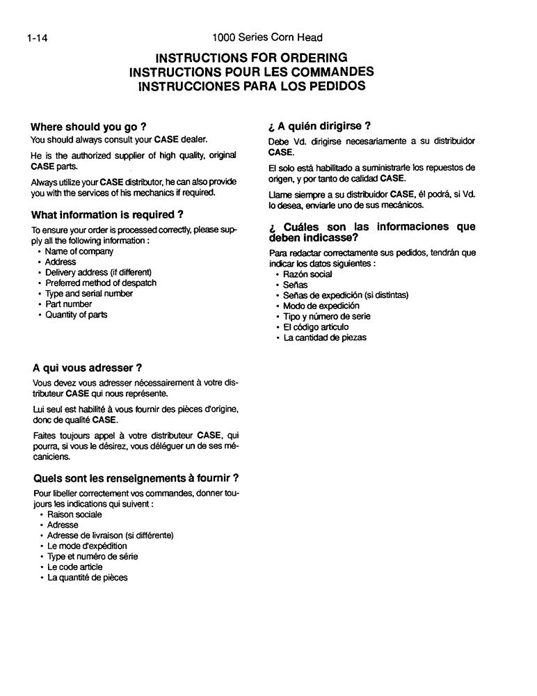 Схема запчастей Case IH 1084 - (01-14) - INSTRUCTIONS FOR ORDERING (00) - PICTORIAL INDEX