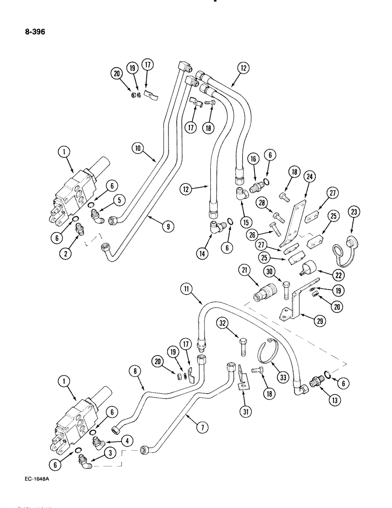 Схема запчастей Case IH 885 - (8-396) - AUXILIARY VALVE COUPLINGS AND PIPES, WITHOUT CAB, FIRST AND SECOND BANK, PIN 18001 AND AFTER (08) - HYDRAULICS