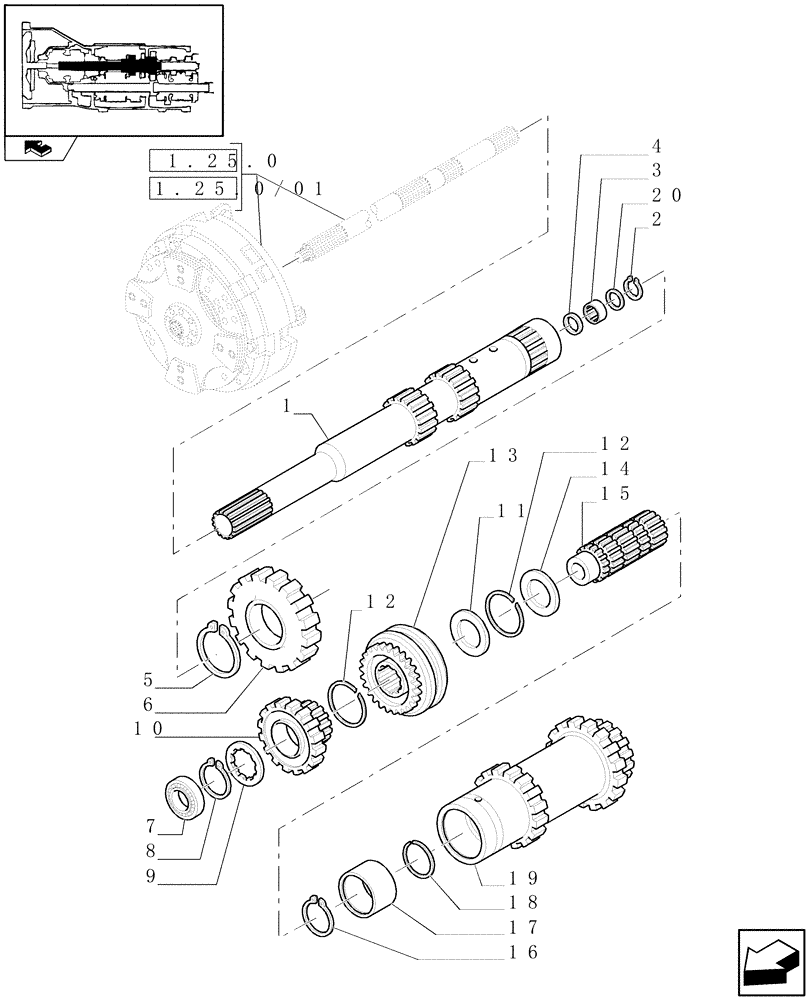 Схема запчастей Case IH FARMALL 105N - (1.28.1/03[01]) - SPLITTER 32X16 - CLUTCH SHAFT, GEARS AND SYNCH (VAR.330118 / 743508) (03) - TRANSMISSION