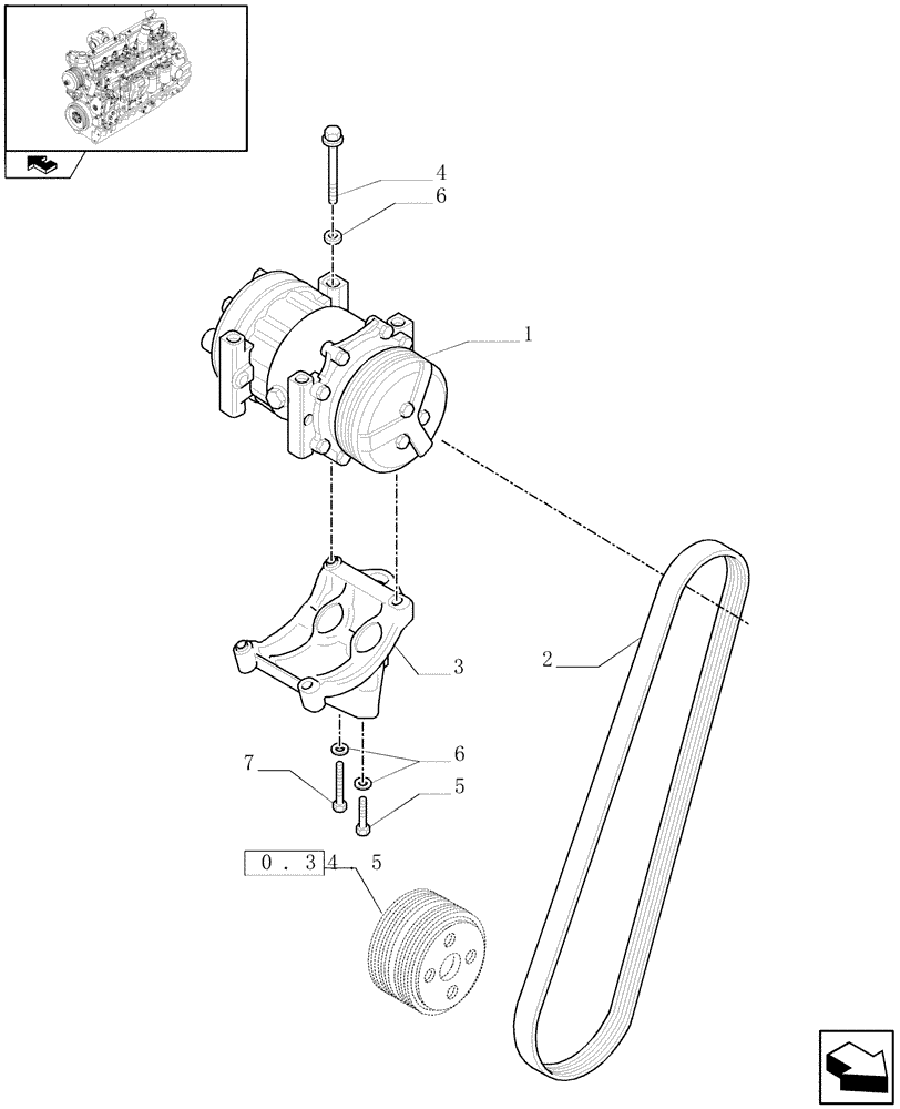 Схема запчастей Case IH FARMALL 75N - (0.88.0[01]) - AIR CONDITIONING - BELTS AND COMPRESSOR (VAR.330641 / 743539; VAR.332641 / 743540) (01) - ENGINE