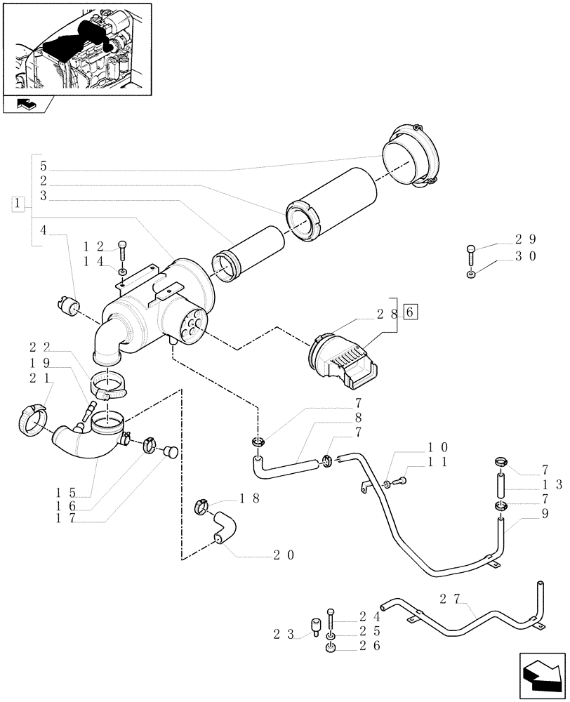 Схема запчастей Case IH MAXXUM 120 - (1.19.1/02) - AIR CLEANER WITH PRE-CLEANER "SPIN TUBE" - DRY AIR FILTER AND PIPES (VAR.330189-331189-332189-333189) (02) - ENGINE EQUIPMENT