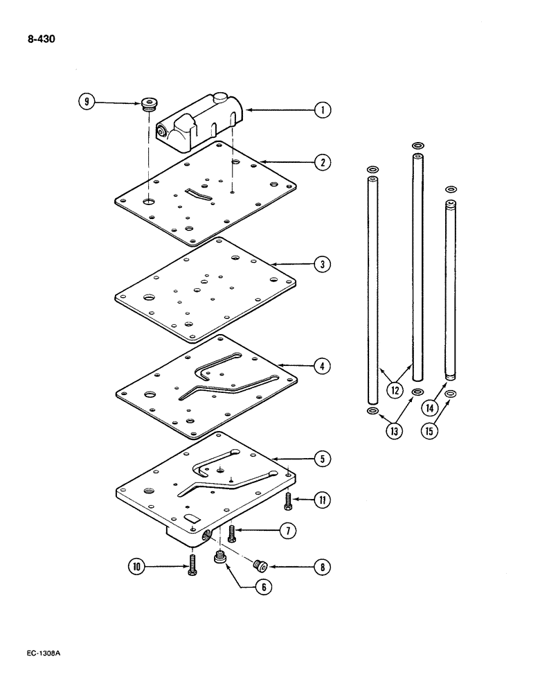 Схема запчастей Case IH 585 - (8-430) - REGULATOR VALVE AND PLATE, 4 WHEEL DRIVE, WITHOUT 2 SPEED POWER SHIFT, P.I.N. 18001 AND AFTER (08) - HYDRAULICS