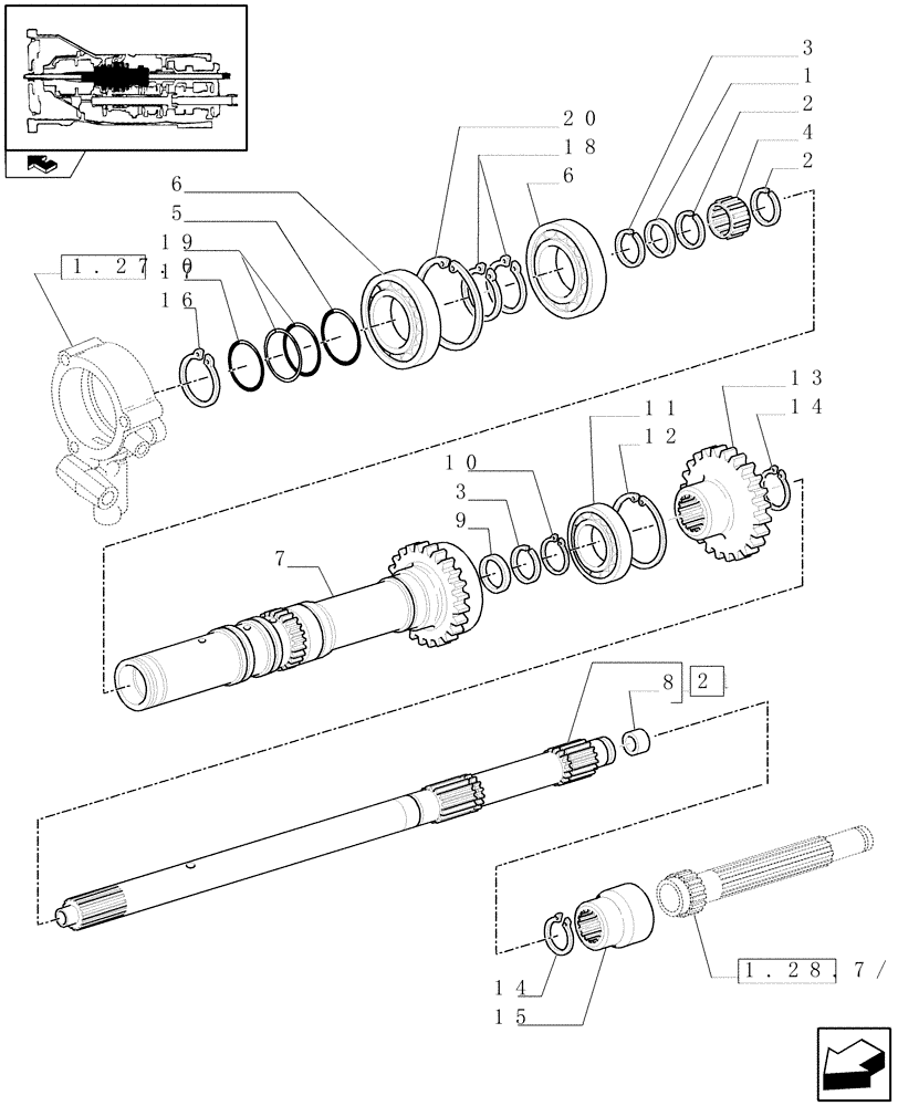 Схема запчастей Case IH FARMALL 95U - (1.28.1/02[01]) - 12X12 POWER SHUTTLE TRANSMISSION - REVERSER MAIN SHAFTS AND GEARS (VAR.330114-331114-332114) (03) - TRANSMISSION
