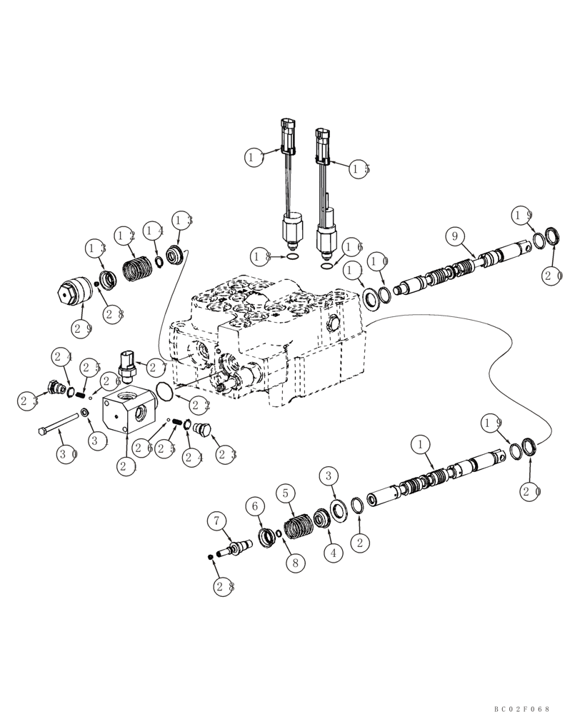 Схема запчастей Case IH 95XT - (08-09B) - VALVE ASSY, CONTROL - SPOOLS AND DETENTS, SELF-LEVELING, DUAL (08) - HYDRAULICS