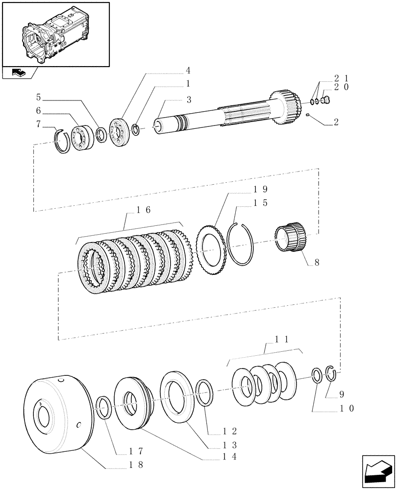 Схема запчастей Case IH PUMA 140 - (1.28.7[05]) - TRASM. 18X6 OR 19X6 (40KM/H) SPS - SPEED GEARS AND CLUTCHES - DRIVEN SHAFT AND "E" CLUTCH (03) - TRANSMISSION