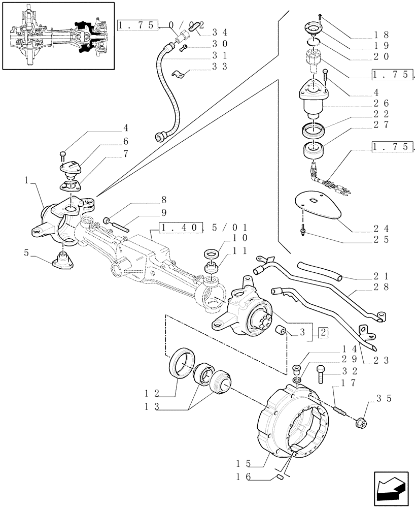 Схема запчастей Case IH MAXXUM 130 - (1.40. 5/02[01]) - (CL.3) SUSPENDED FRONT AXLE W/MULTI-PLATE DIFF. LOCK AND BRAKES - STEERING AXLES AND HUBSS - C6449 (VAR.330427) (04) - FRONT AXLE & STEERING