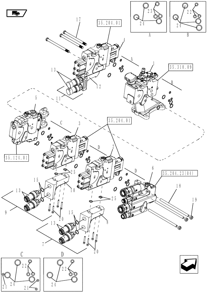 Схема запчастей Case IH MAGNUM 210 - (35.204.23[01]) - REMOTE HYDRAULIC VALVE 3 STACK (35) - HYDRAULIC SYSTEMS