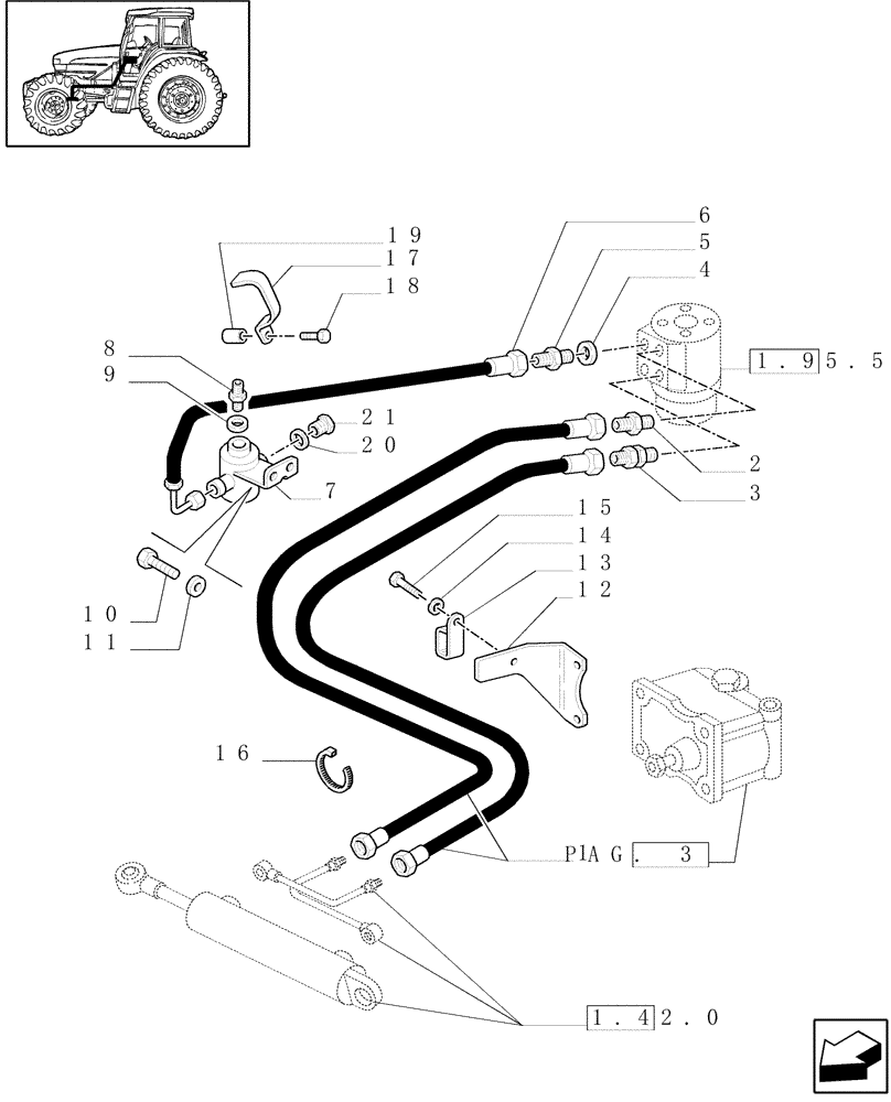 Схема запчастей Case IH JX100U - (1.42.0[04]) - FRONT AXLE - 2-WD - POWER STEERING HYDRAULIC CONTROL - PIPES & BRAKETS (04) - FRONT AXLE & STEERING