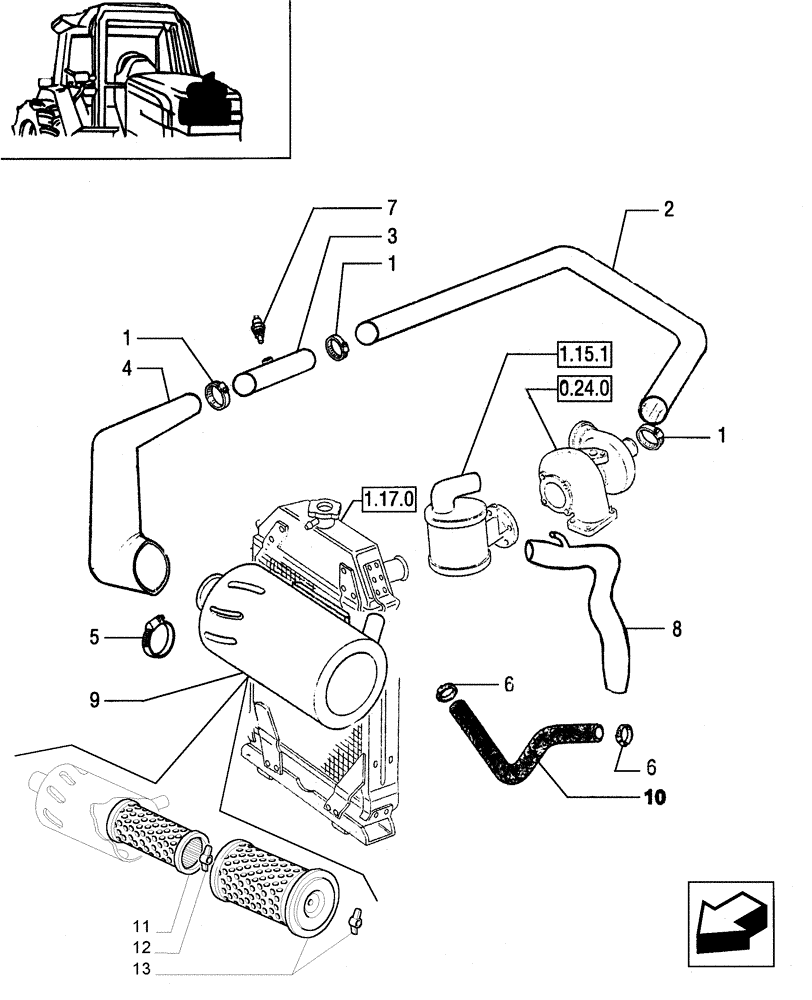 Схема запчастей Case IH JX95 - (1.19.1/02[02]) - (VAR.199) AIR FILTER - PIPES (02) - ENGINE EQUIPMENT