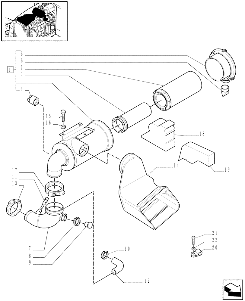 Схема запчастей Case IH MAXXUM 110 - (1.19.1[01]) - DRY AIR FILTER AND PIPES (02) - ENGINE EQUIPMENT