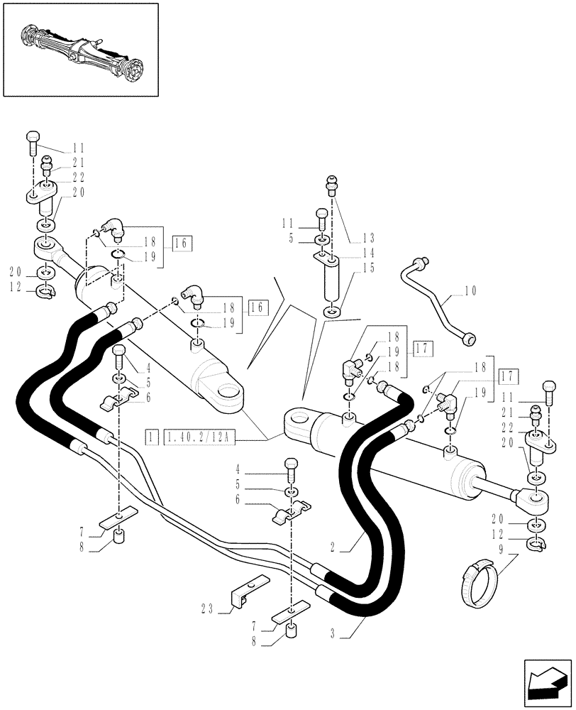 Схема запчастей Case IH PUMA 210 - (1.40.2/12) - (VAR.463) 4WD FRONT AXLE WITH ACTIVE SUSPENSIONS - HYDRAULIC STEERING CYLINDER (04) - FRONT AXLE & STEERING