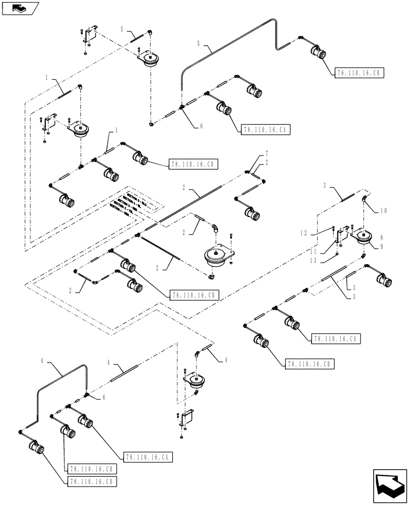 Схема запчастей Case IH 610 - (78.110.16.AD) - NOZZLE PLUMBING, 70 BOOM, 60" SPACING, 5 SECTION CONTROL (78) - SPRAYING