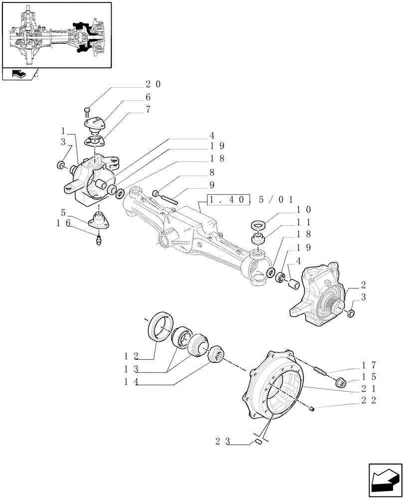 Схема запчастей Case IH MAXXUM 140 - (1.40.5/02[01]) - (CL.4) SUSPENDED FRONT AXLE W/MULTI-PLATE DIFF. LOCK AND ST. SENSOR - STEERING AXLES AND HUBS (VAR.330429) (04) - FRONT AXLE & STEERING