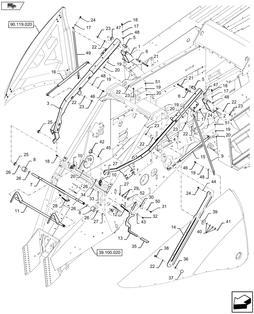Схема запчастей Case IH LB324R - (90.119.010) - PROTECTIONS FLYWHEEL, SUPPORT (90) - PLATFORM, CAB, BODYWORK AND DECALS