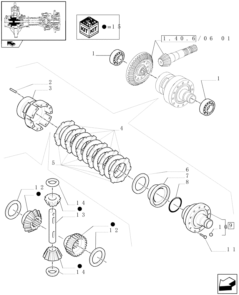 Схема запчастей Case IH MAXXUM 140 - (1.40.6/07[01]) - (CL.4) SUSPENDED FRONT AXLE W/MULTI-PLATE DIFF. LOCK, ST. SENSOR AND BRAKES - DIFFERENTIAL (VAR.330430) (04) - FRONT AXLE & STEERING