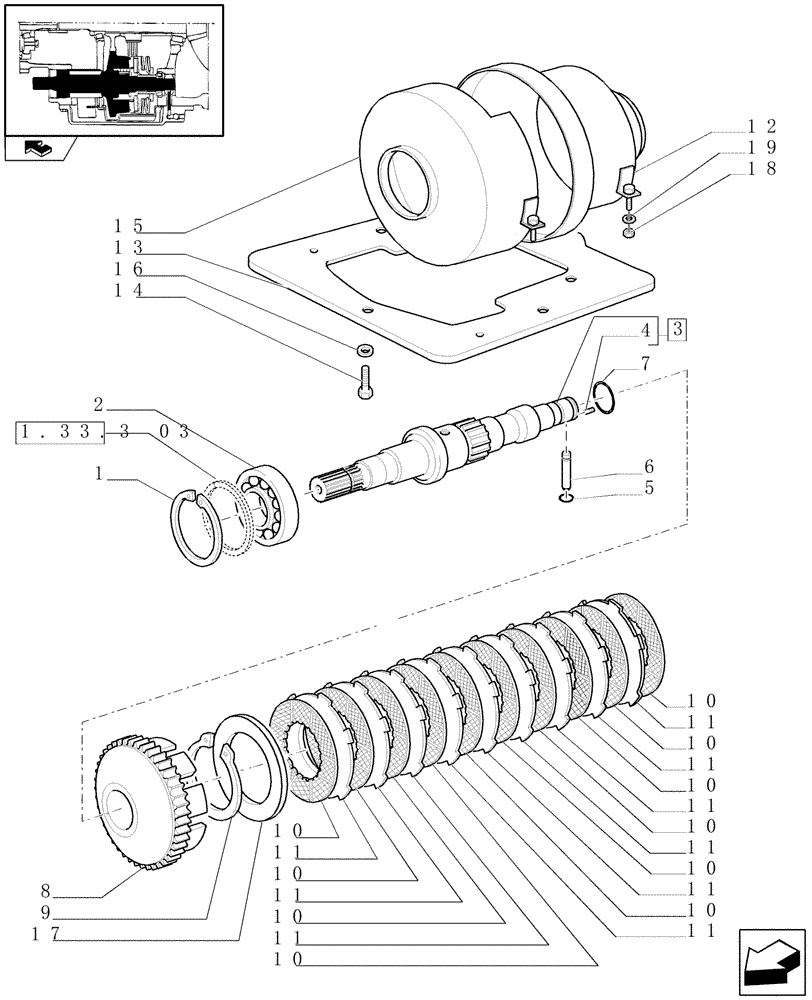 Схема запчастей Case IH PUMA 210 - (1.33.3[01]) - 4WD ENGAGEMENT CLUTCH CONTROL - SHAFT AND DISKS (04) - FRONT AXLE & STEERING